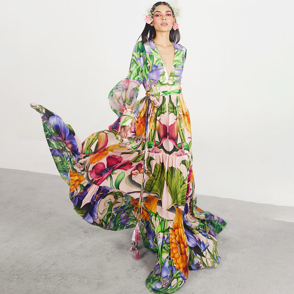 V Neck Bubble Long Sleeve Printed One Piece Swimsuit Women Bella Mia